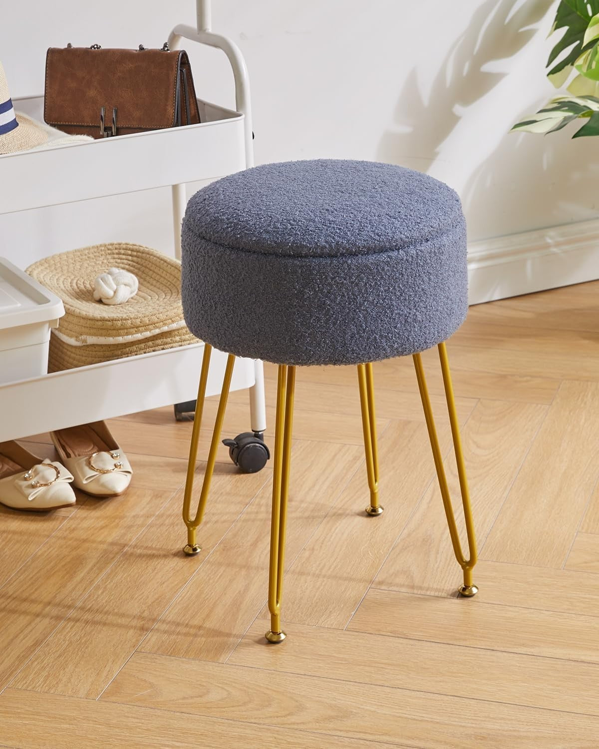 Grey Blue Teddy Velvet Storage Footrest Stool – Vanity Seat with Golden Legs - Kwikley