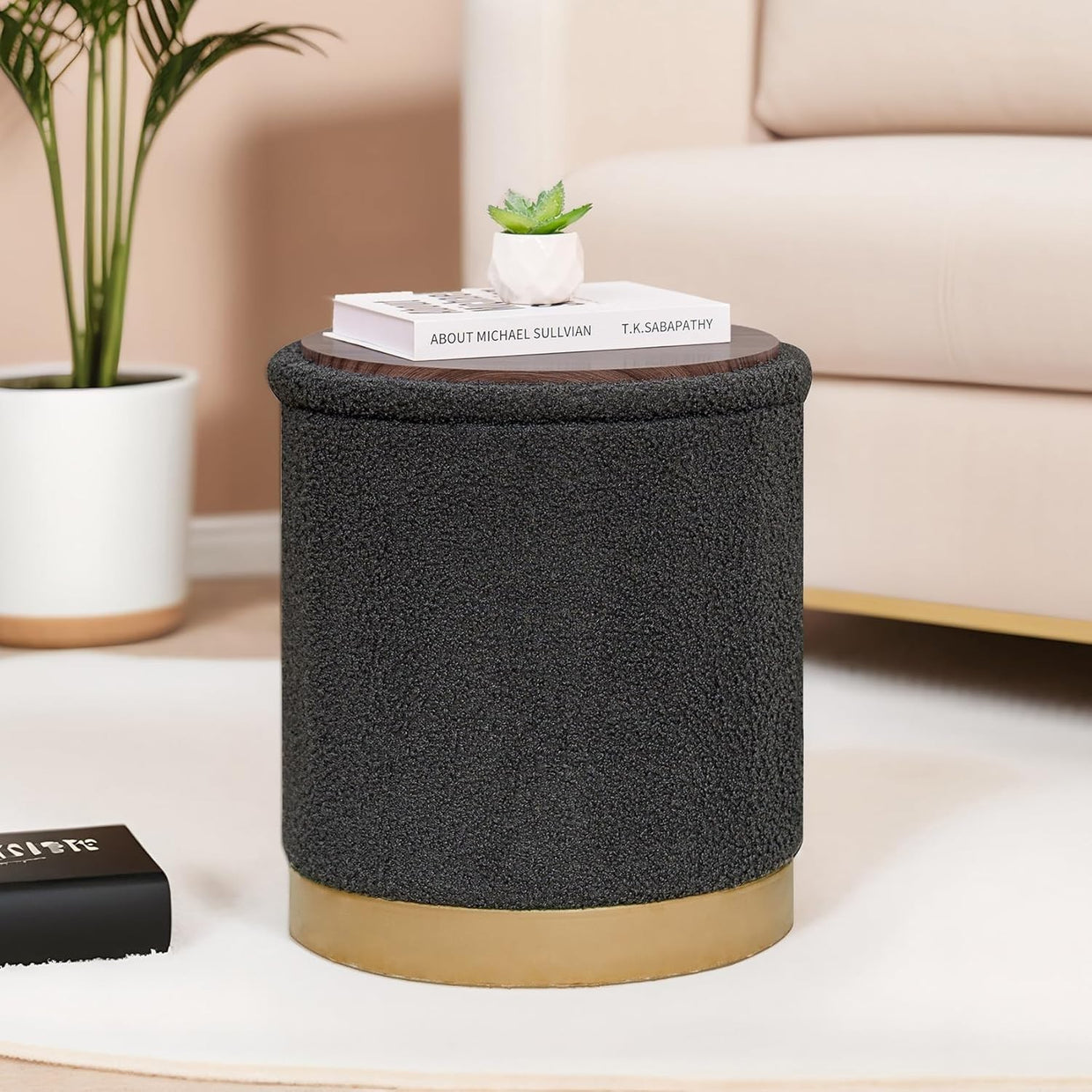 Grey Boucle Round Ottoman with Storage Folding Footrest & Flip - Top Tray - Kwikley