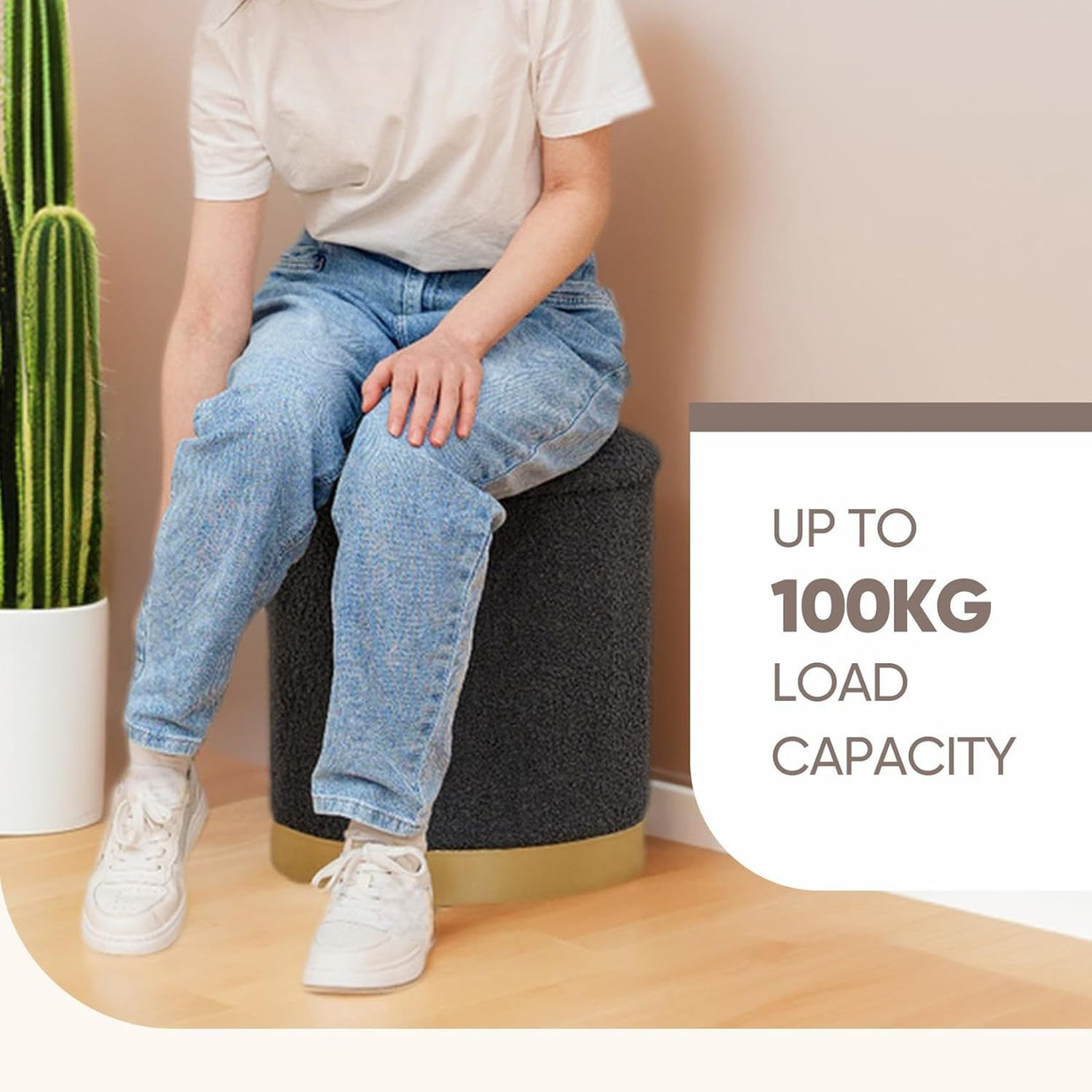 Grey Boucle Round Ottoman with Storage Folding Footrest & Flip - Top Tray - Kwikley