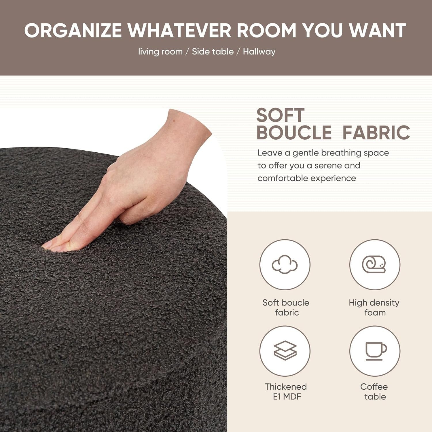 Grey Boucle Round Ottoman with Storage Folding Footrest & Flip - Top Tray - Kwikley