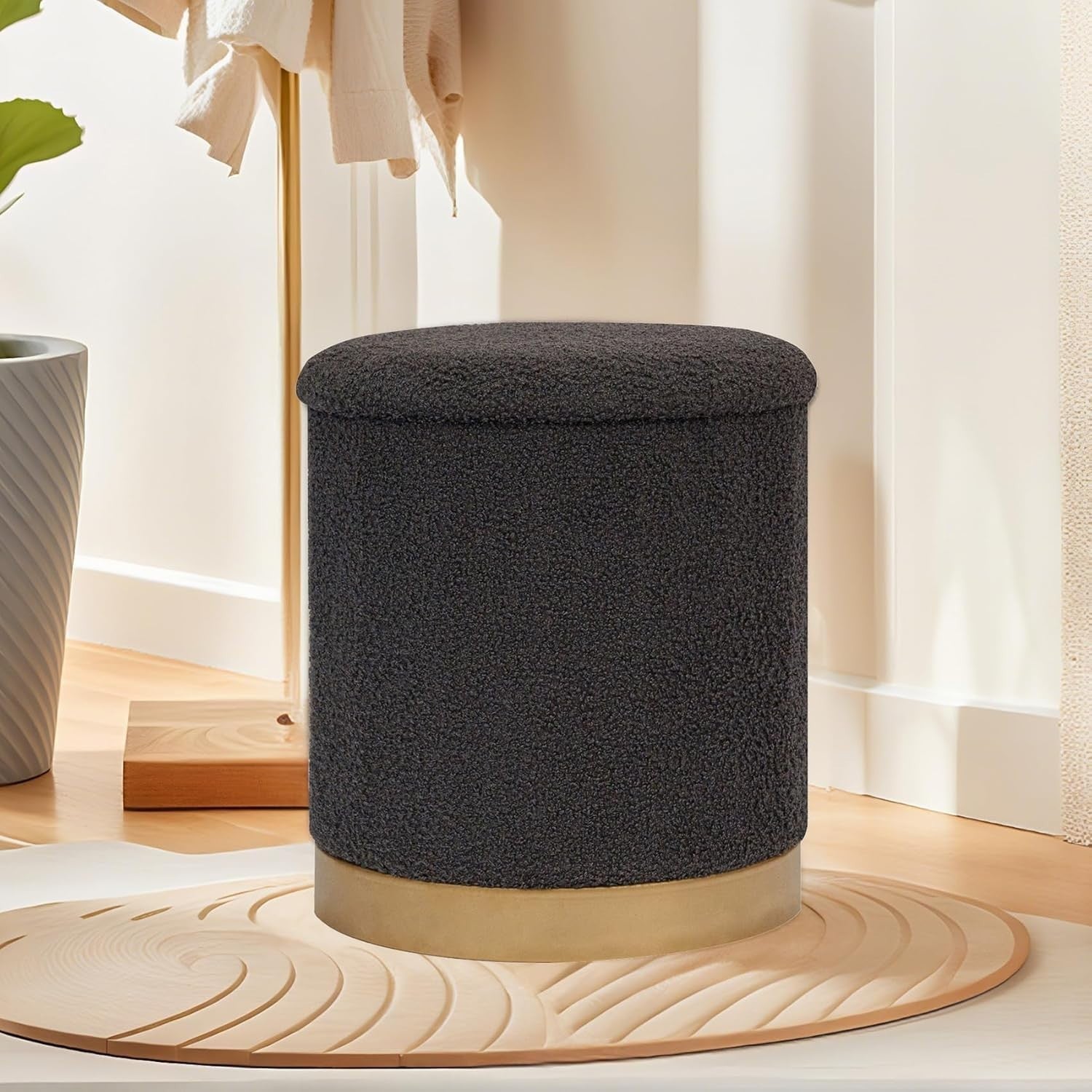 Grey Boucle Round Ottoman with Storage Folding Footrest & Flip - Top Tray - Kwikley