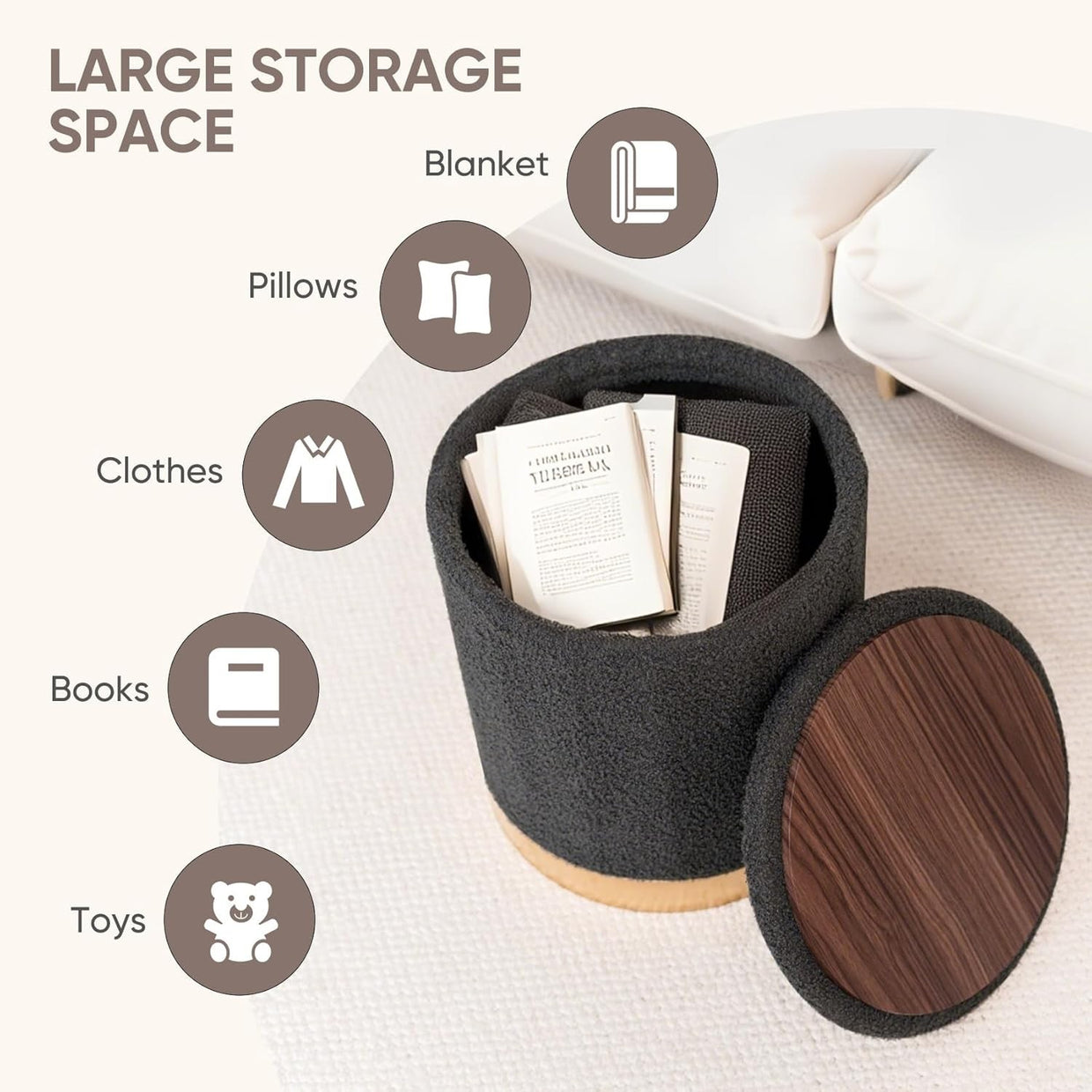Grey Boucle Round Ottoman with Storage Folding Footrest & Flip - Top Tray - Kwikley
