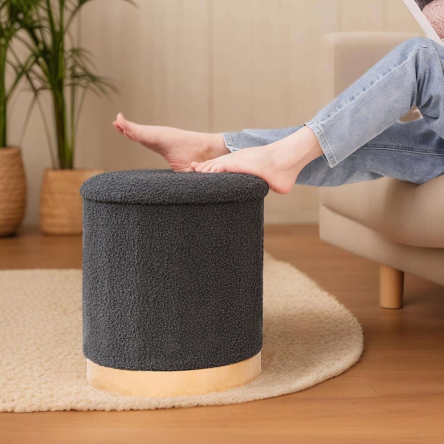 Grey Boucle Round Ottoman with Storage Folding Footrest & Flip - Top Tray - Kwikley