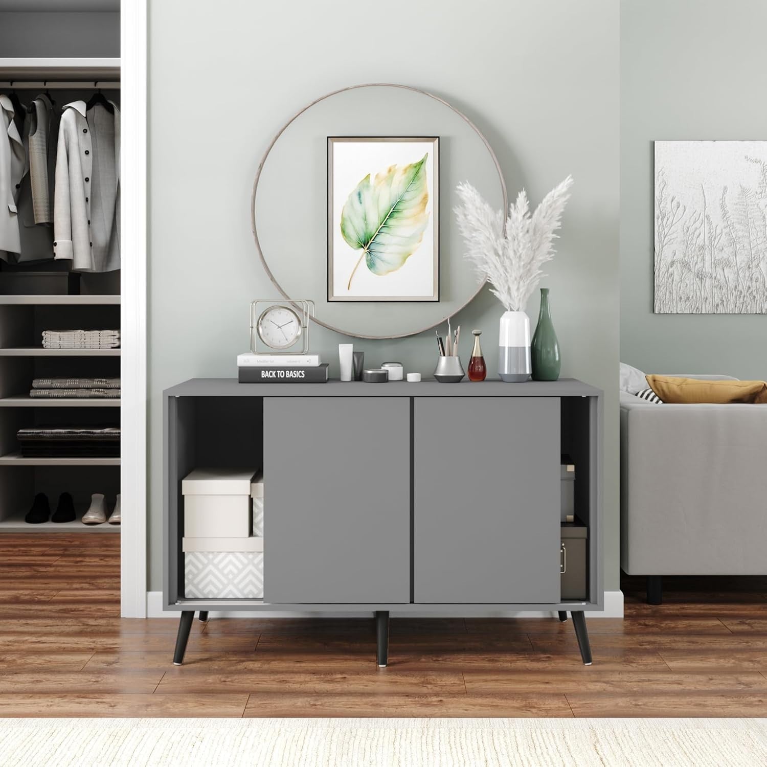 Grey Carcass & Doors 3 Door Sliding Sideboard Cabinet with Wooden Legs - Kwikley