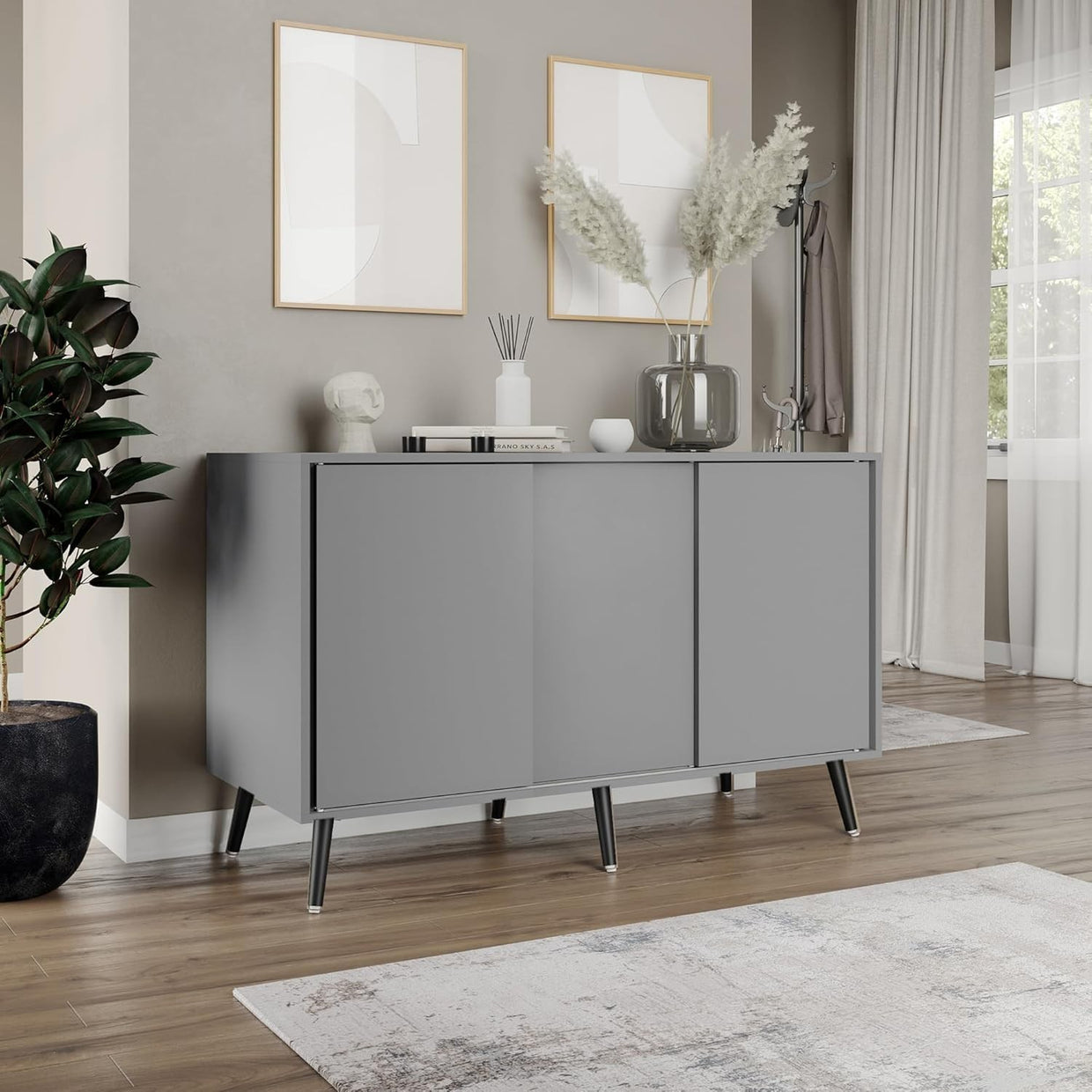 Grey Carcass & Doors 3 Door Sliding Sideboard Cabinet with Wooden Legs - Kwikley