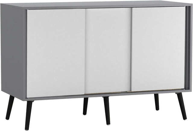 Grey Carcass + White Doors 3-Door Sliding Sideboard Cabinet Wooden Legs