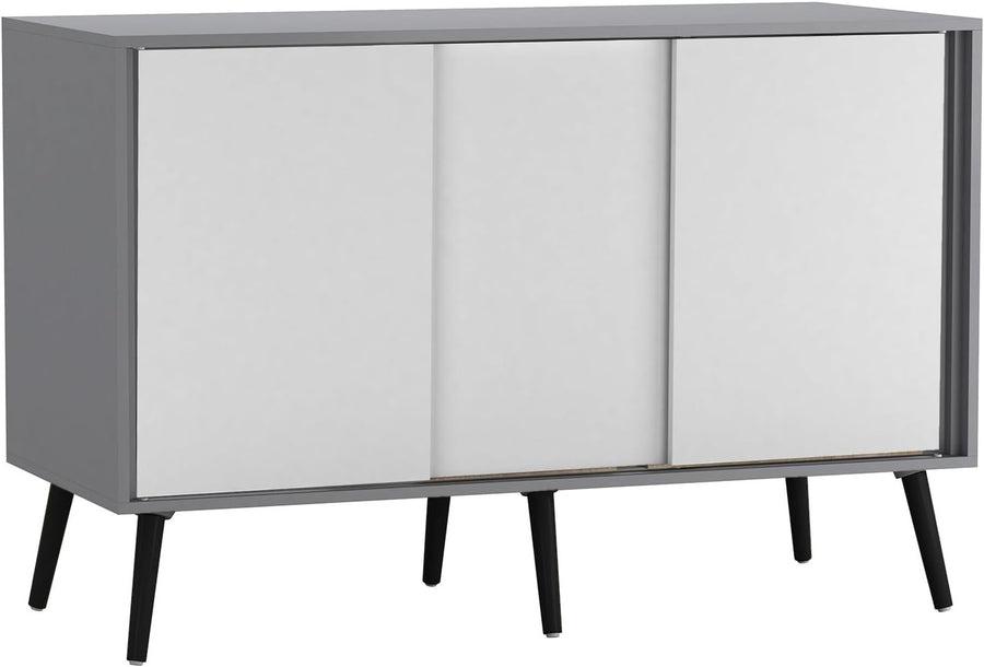 Grey Carcass + White Doors 3 - Door Sliding Sideboard Cabinet Wooden Legs - Kwikley