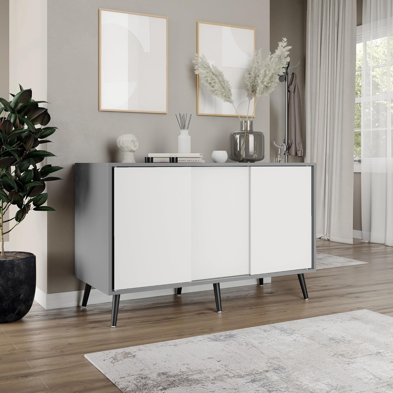 Grey Carcass + White Doors 3 - Door Sliding Sideboard Cabinet Wooden Legs - Kwikley