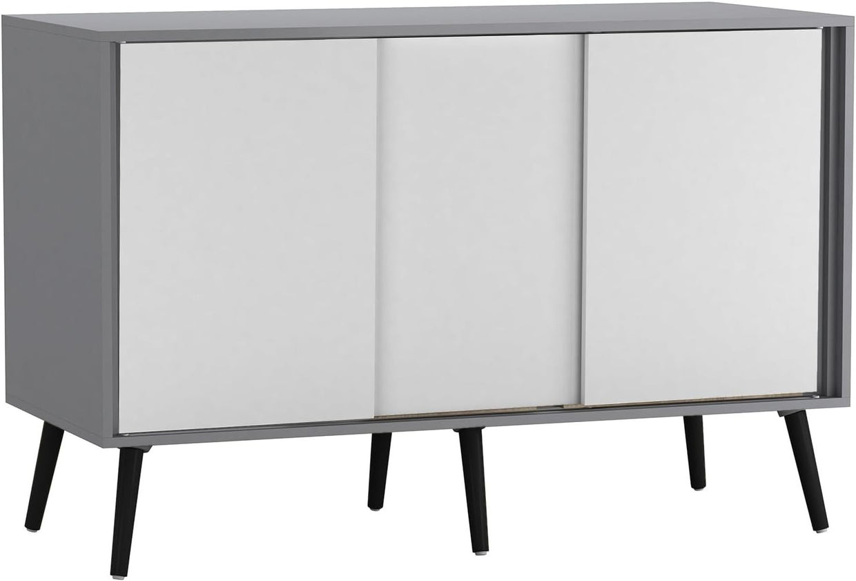 Grey Carcass + White Doors 3 - Door Sliding Sideboard Cabinet Wooden Legs - Kwikley
