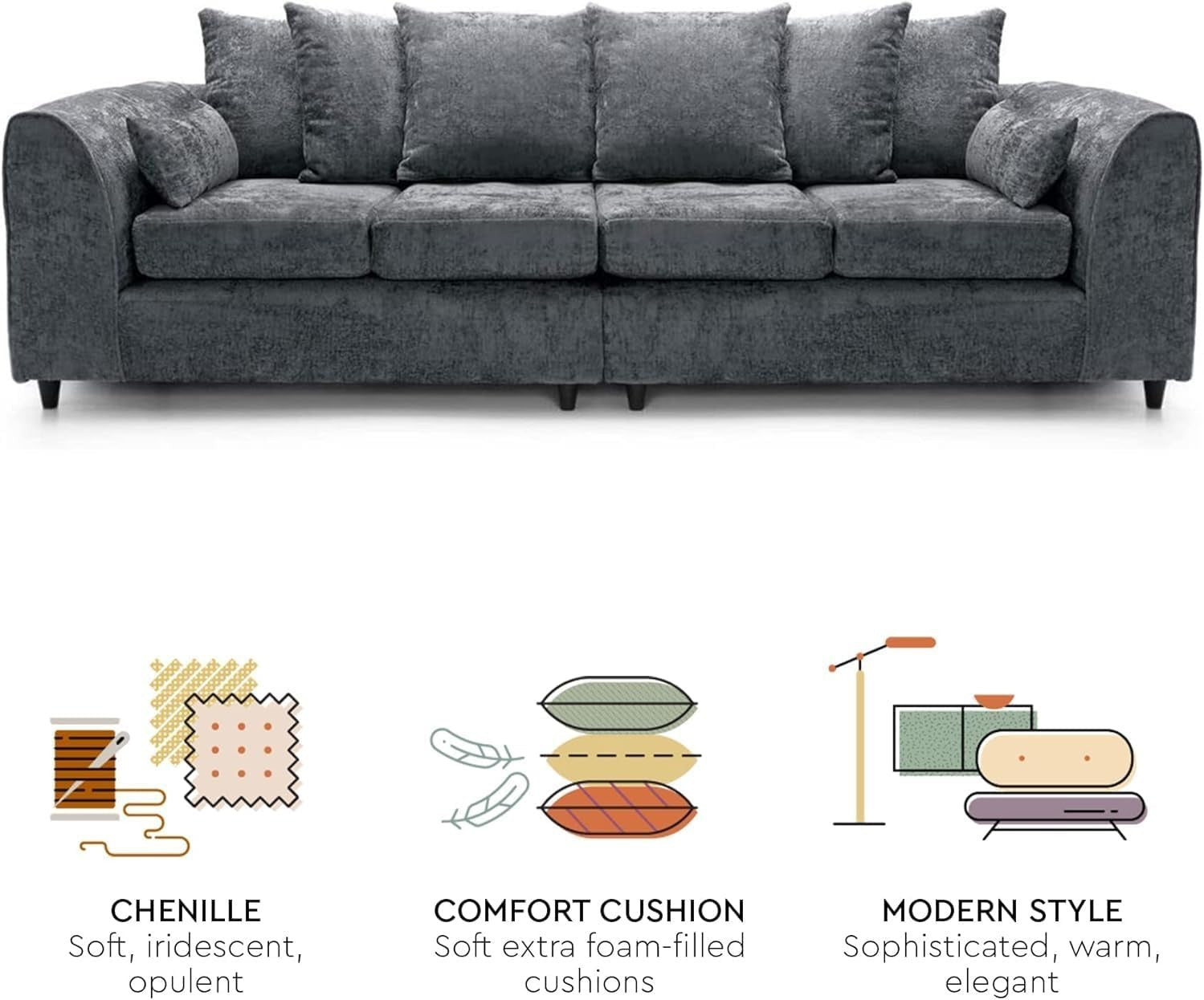 Grey Chenille 4 - Seater Sofa with Deep Cushions & Soft Fabric – Spacious Comfort - Kwikley
