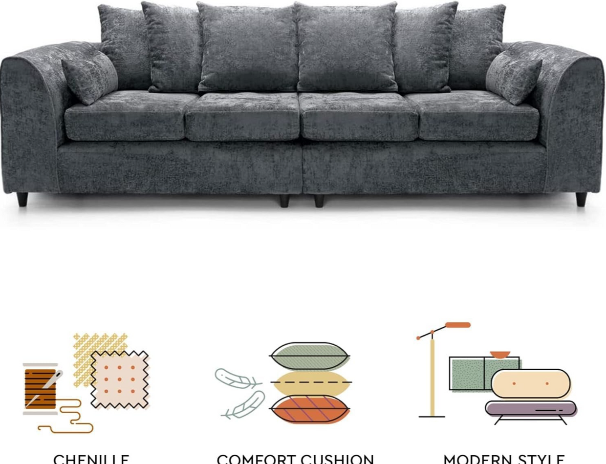 Grey Chenille 4 - Seater Sofa with Deep Cushions & Soft Fabric – Spacious Comfort - Kwikley