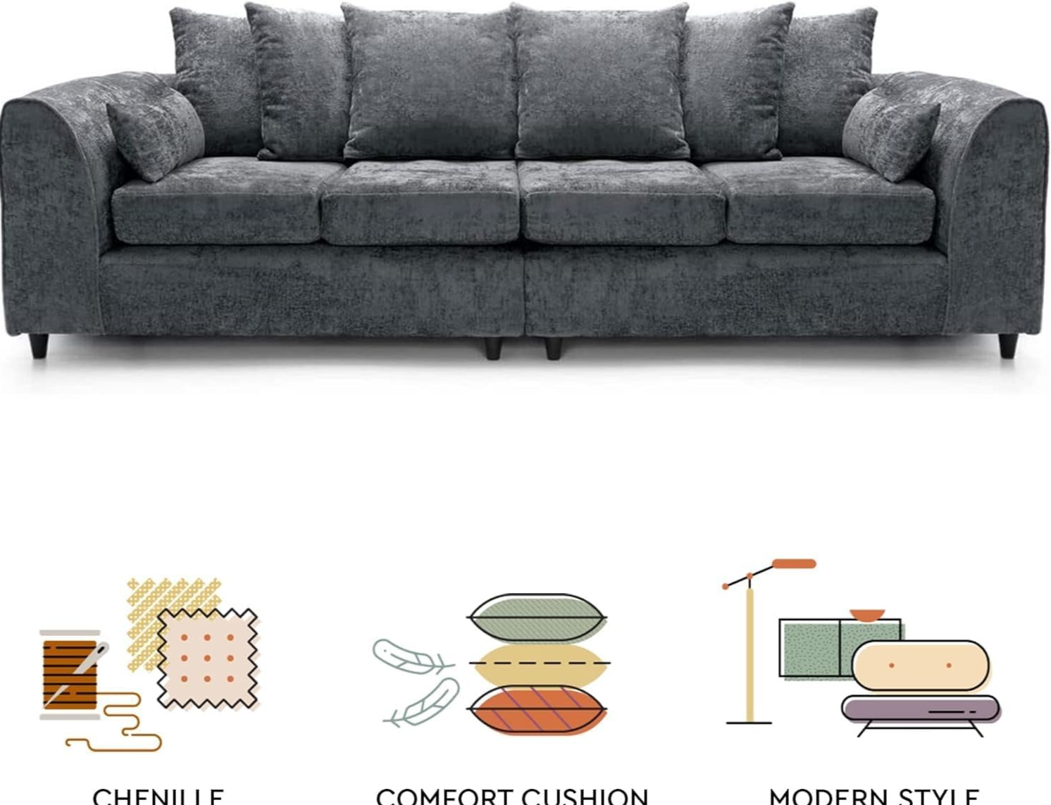 Grey Chenille 4 - Seater Sofa with Deep Cushions & Soft Fabric – Spacious Comfort - Kwikley