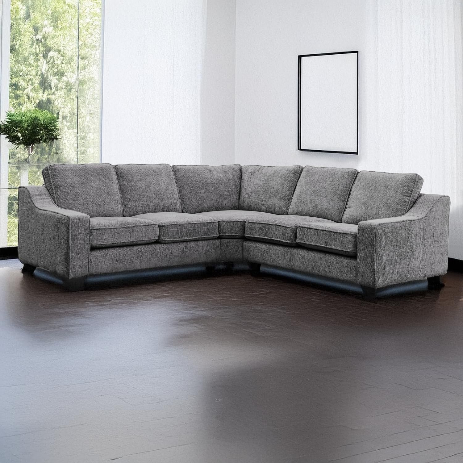 Grey Chenille 5 Seater L Shaped Corner Sofa – Removable Cushions & Piping - Kwikley