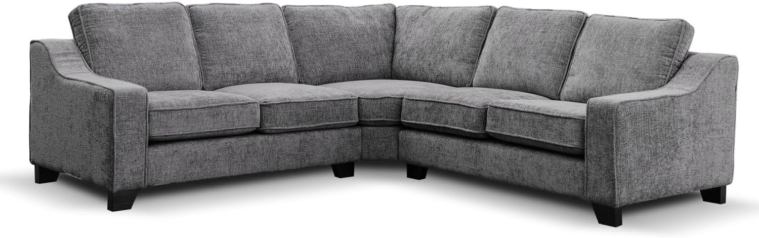 Grey Chenille 5 Seater L Shaped Corner Sofa – Removable Cushions & Piping - Kwikley
