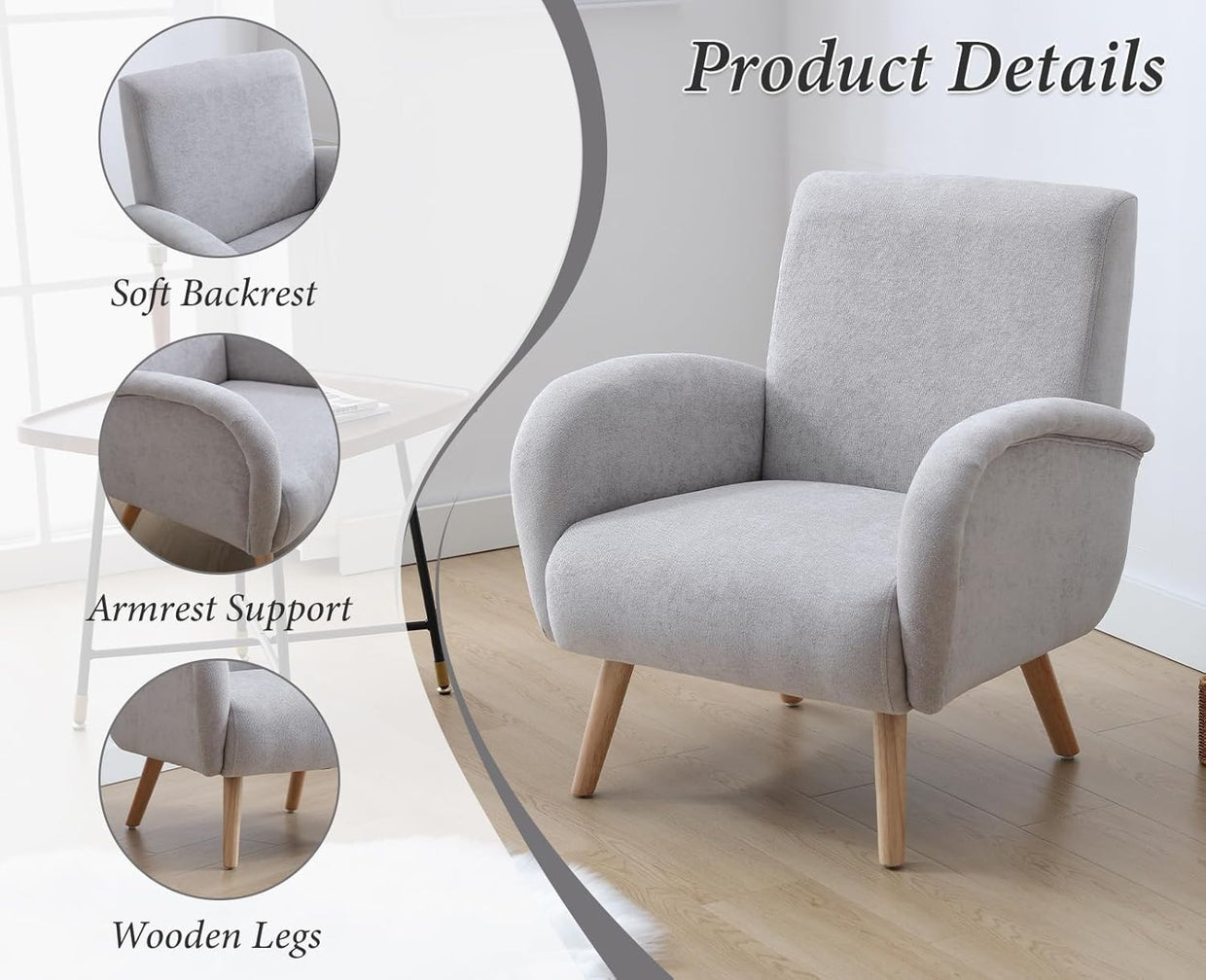 Grey Chenille Accent Armchair Lounge Tub Chair Wooden Legs High Back Seat - Kwikley