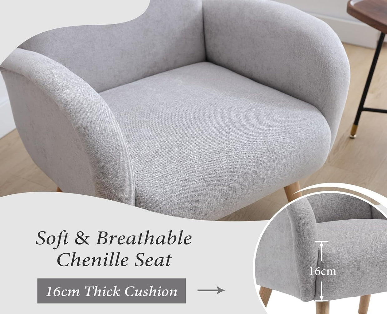Grey Chenille Accent Armchair Lounge Tub Chair Wooden Legs High Back Seat - Kwikley