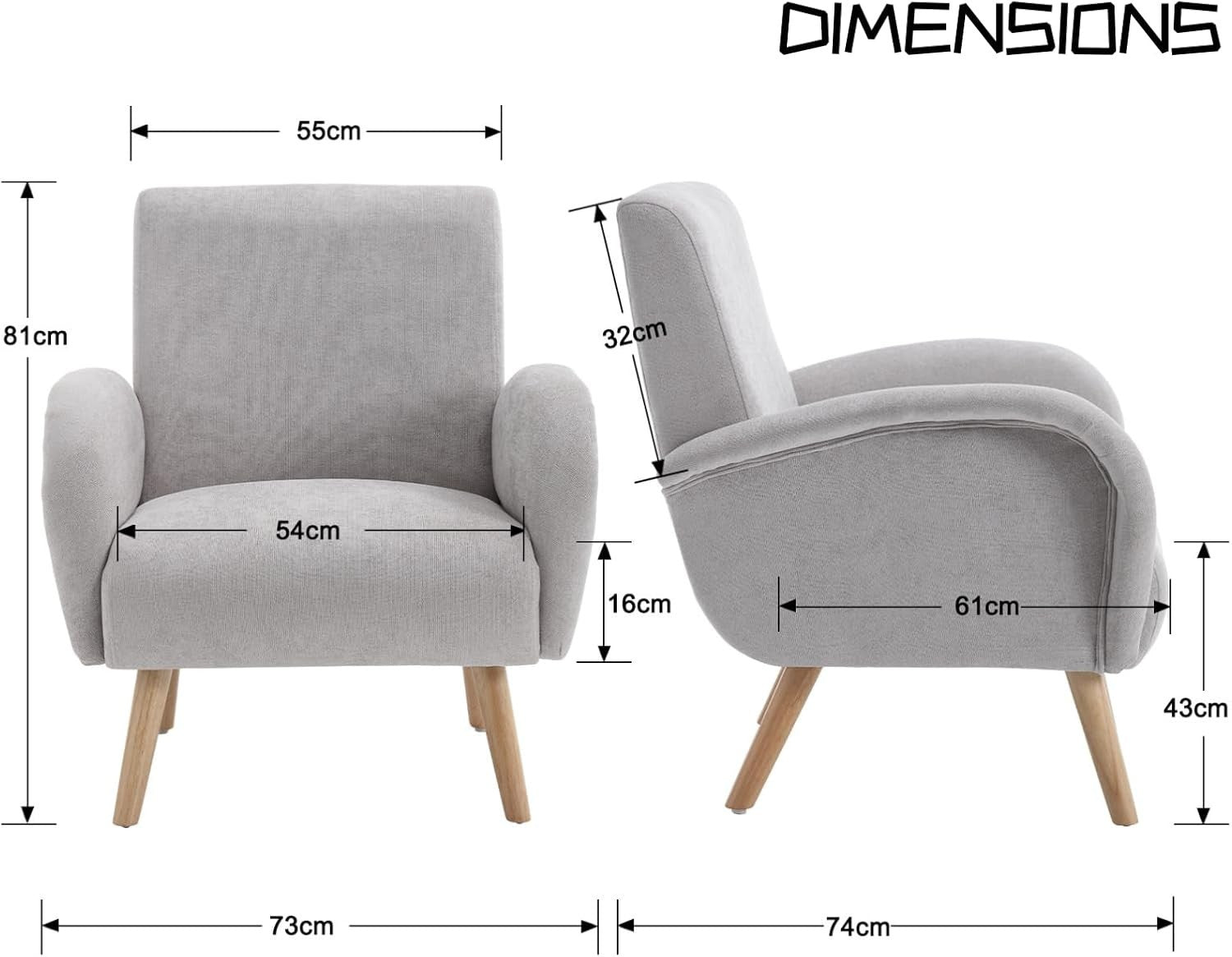 Grey Chenille Accent Armchair Lounge Tub Chair Wooden Legs High Back Seat - Kwikley
