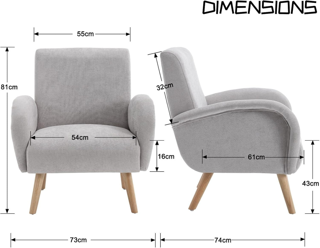 Grey Chenille Accent Armchair Lounge Tub Chair Wooden Legs High Back Seat - Kwikley