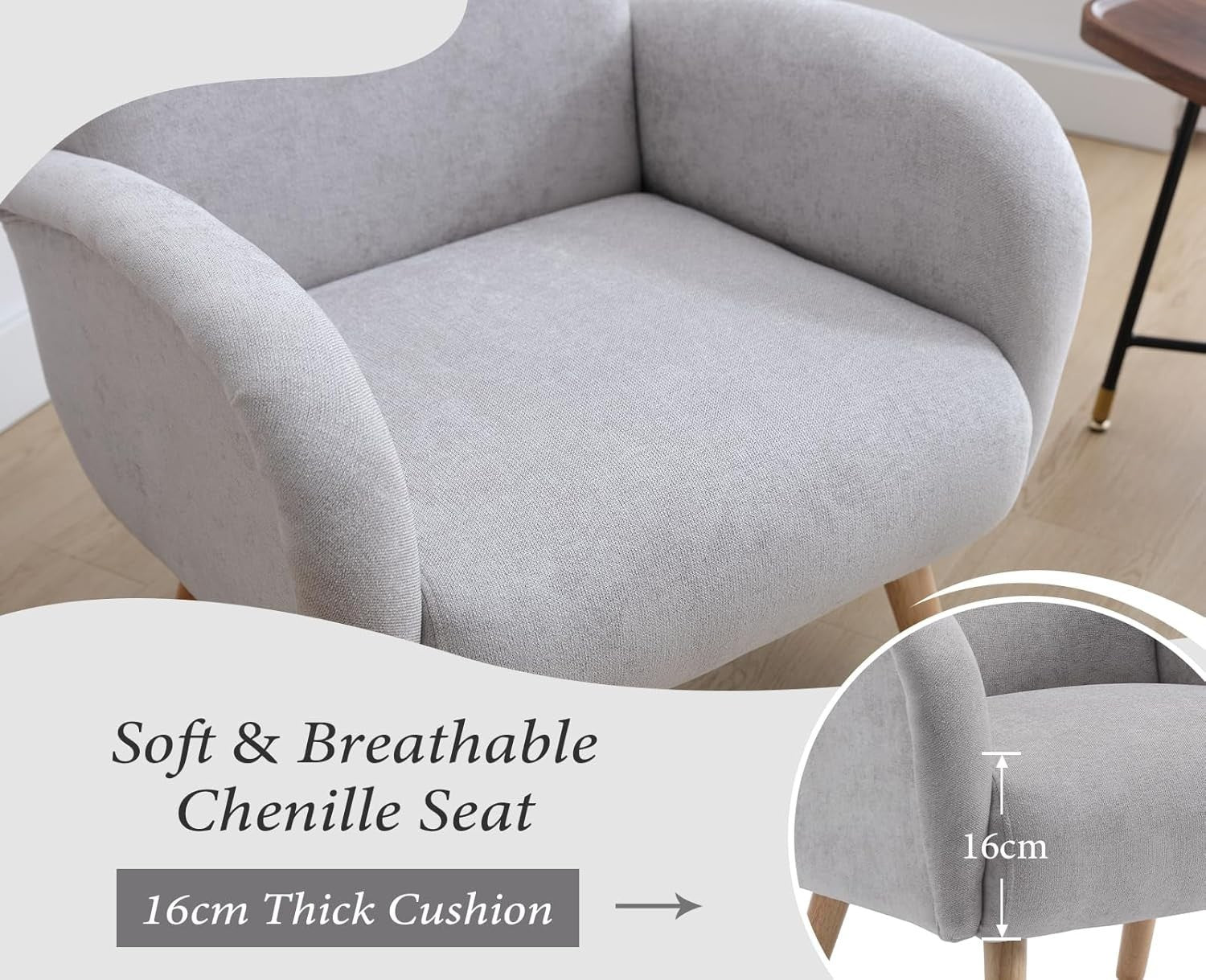 Grey Chenille Accent Armchair Lounge Tub Chair Wooden Legs High Back Seat - Kwikley