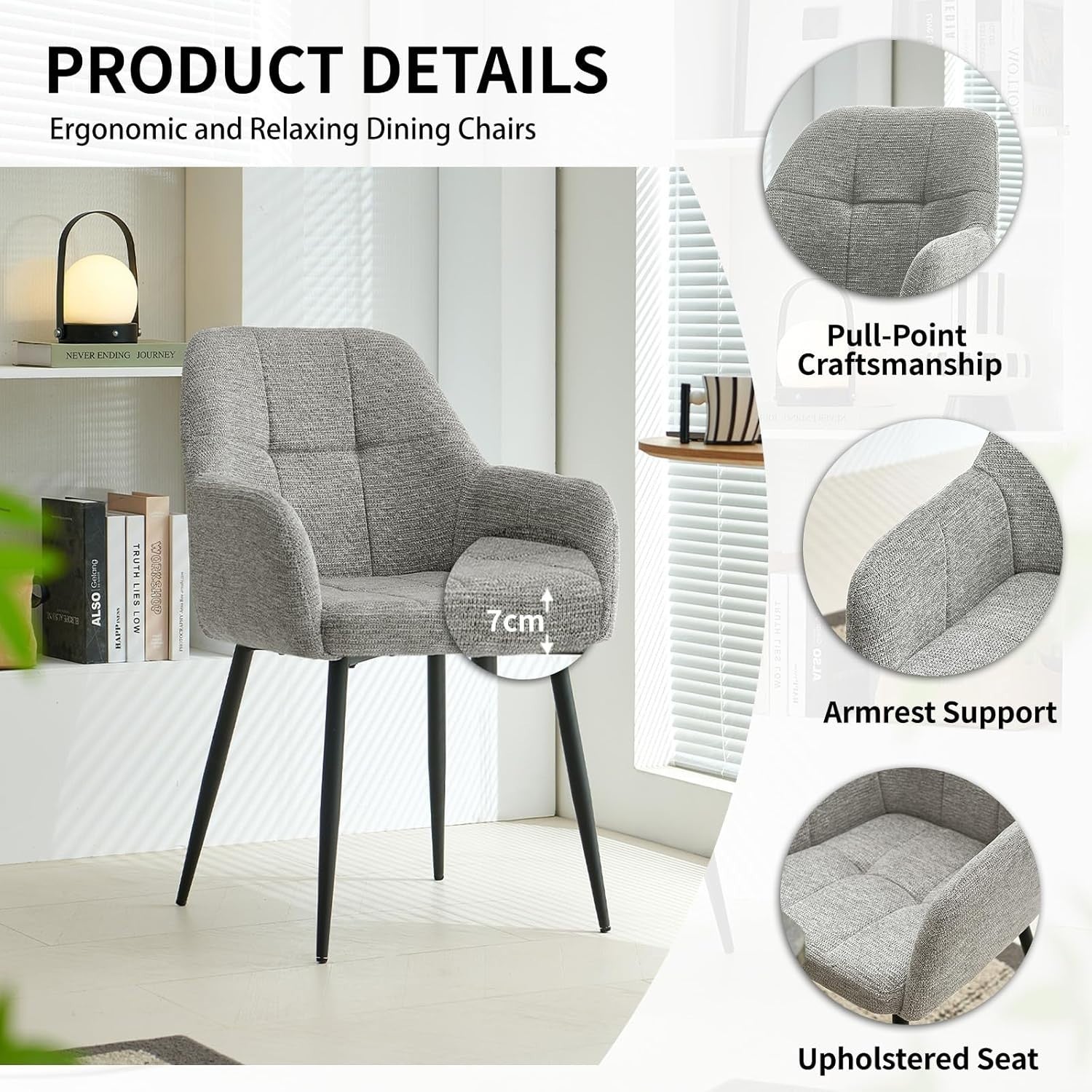Grey Chenille Dining Chair Plush Fabric Padded Seat Armchair Metal Legs - Kwikley
