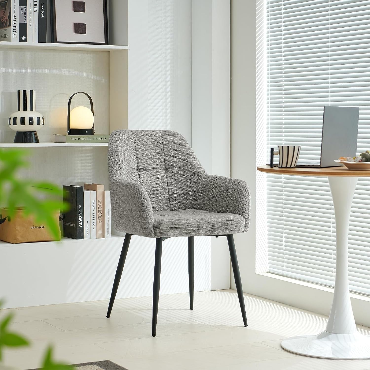 Grey Chenille Dining Chair Plush Fabric Padded Seat Armchair Metal Legs - Kwikley