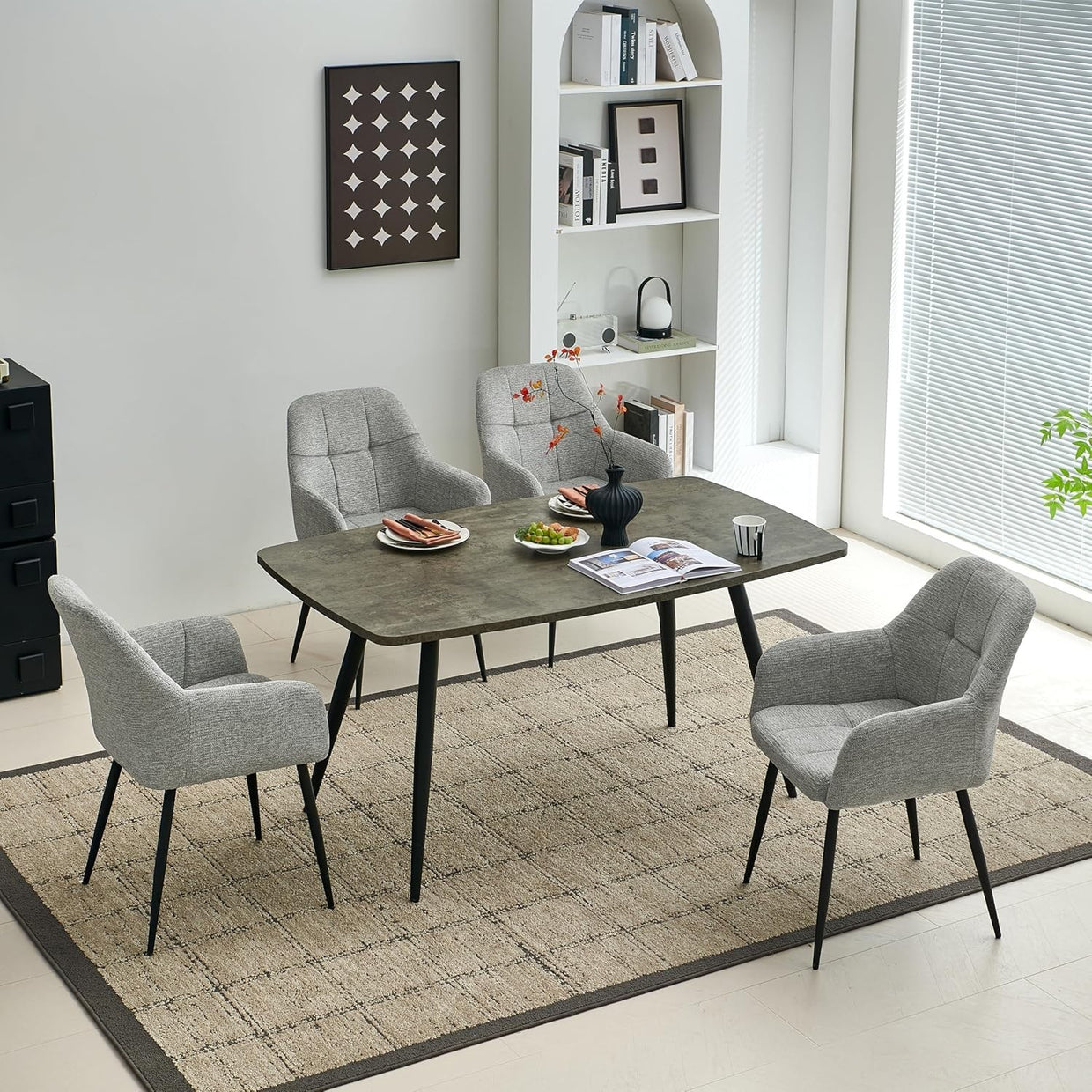 Grey Chenille Dining Chair Plush Fabric Padded Seat Armchair Metal Legs - Kwikley