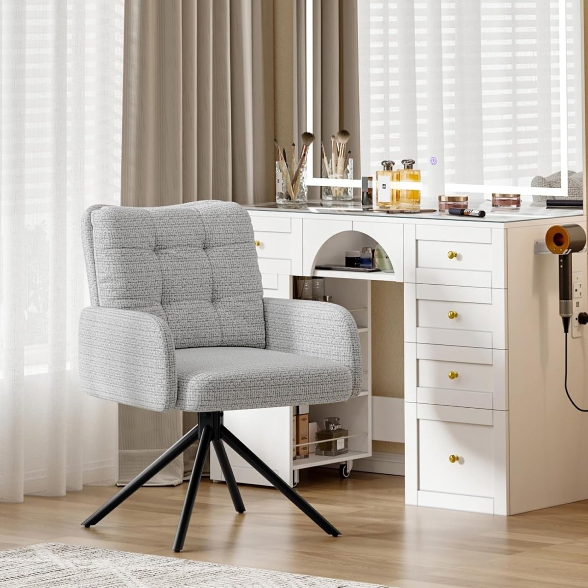 Grey Chenille Swivel Accent Chair Tub Vanity Desk Armchair - Kwikley