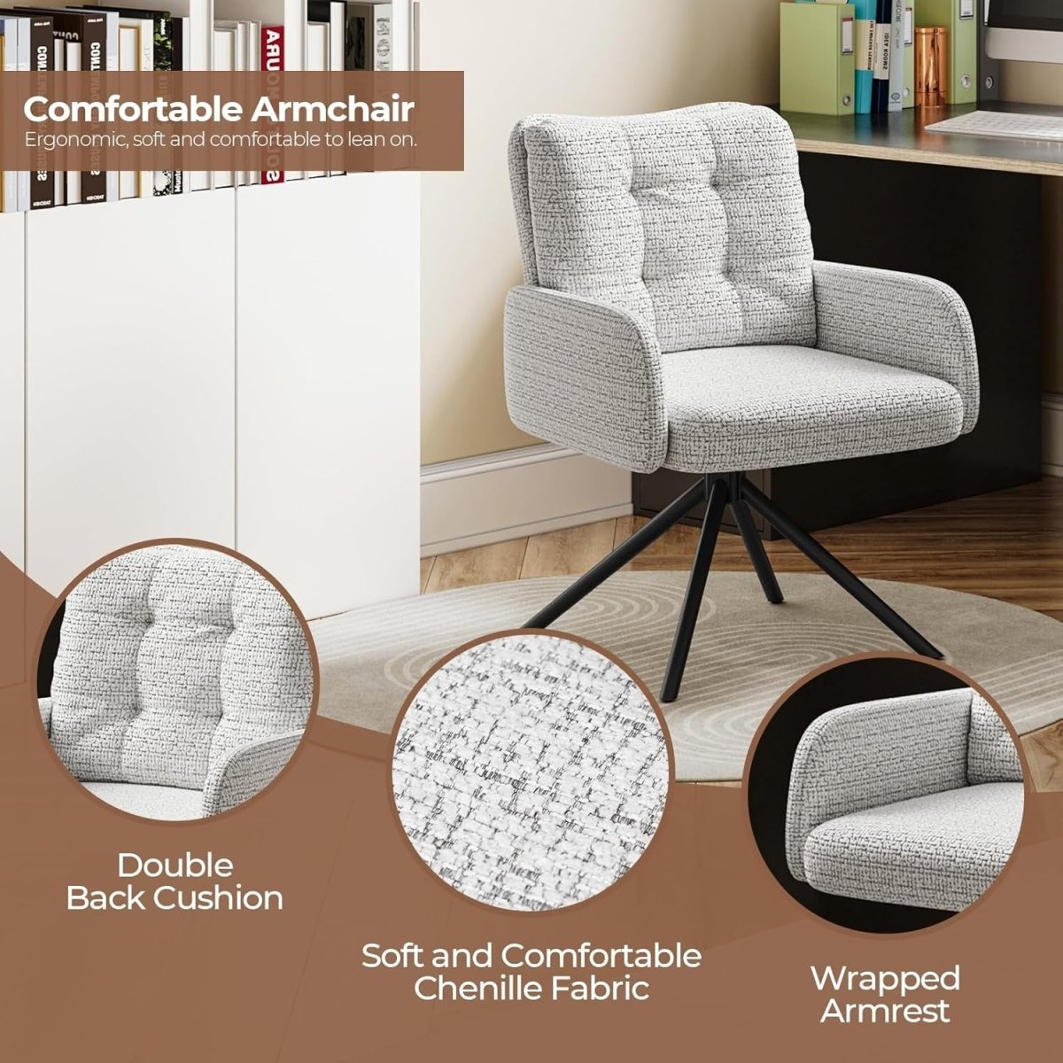 Grey Chenille Swivel Accent Chair Tub Vanity Desk Armchair - Kwikley