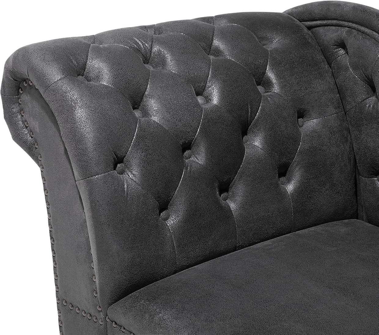 Grey Chesterfield Chaise Lounge Faux Suede Right Hand Tufted Vintage Sofa - Kwikley