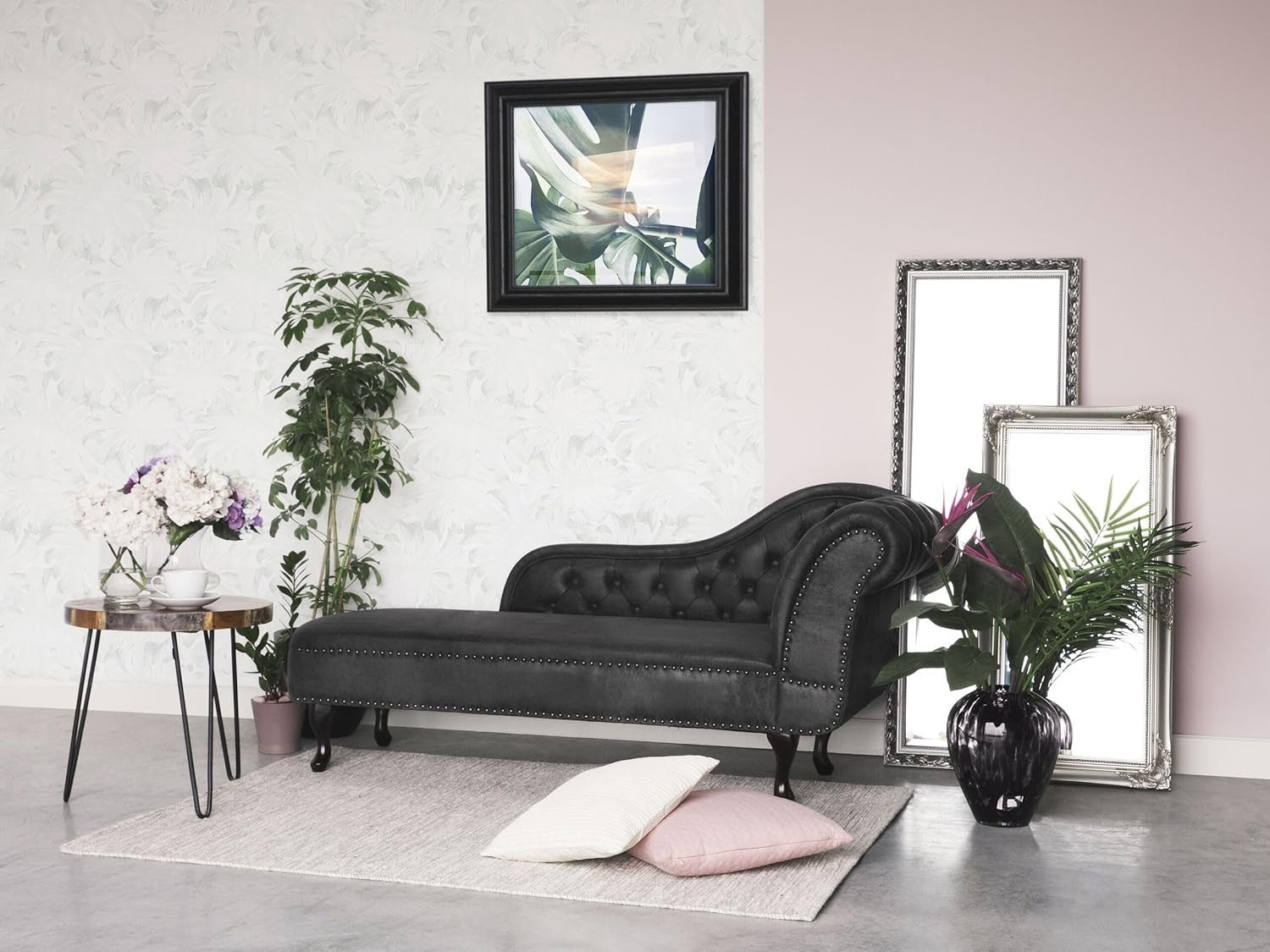 Grey Chesterfield Chaise Lounge Faux Suede Right Hand Tufted Vintage Sofa - Kwikley