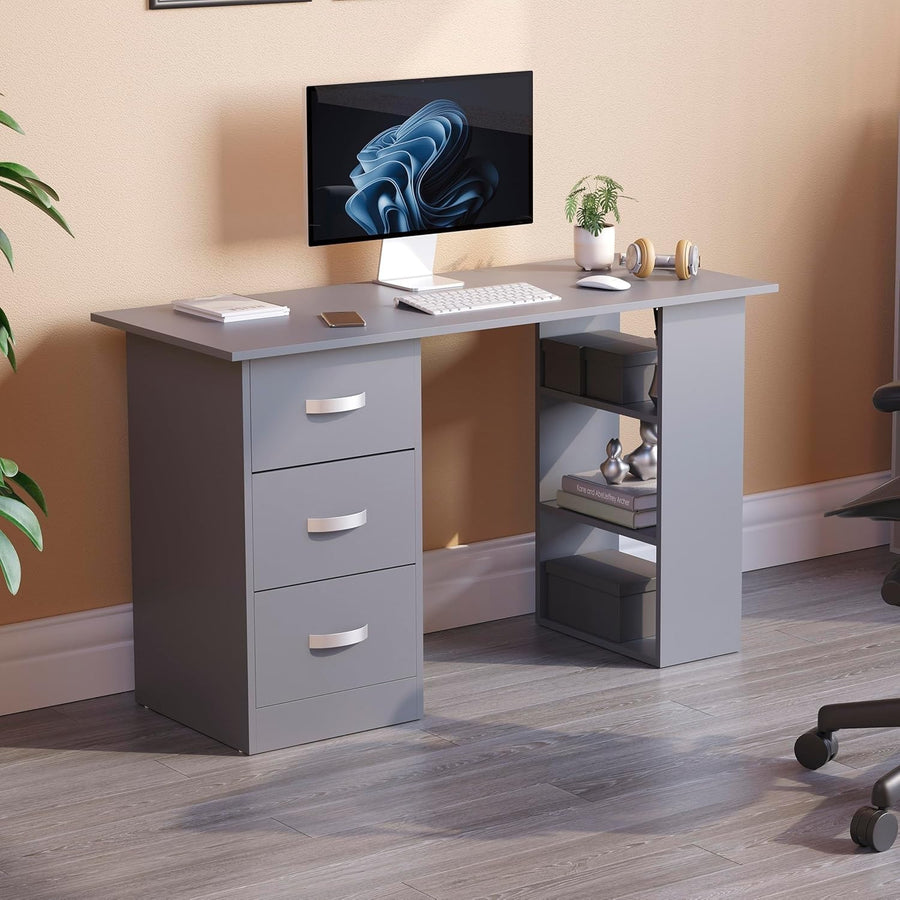 Grey Computer Desk w/Shelves & 3 Drawers 120cm Home Office Table - Kwikley