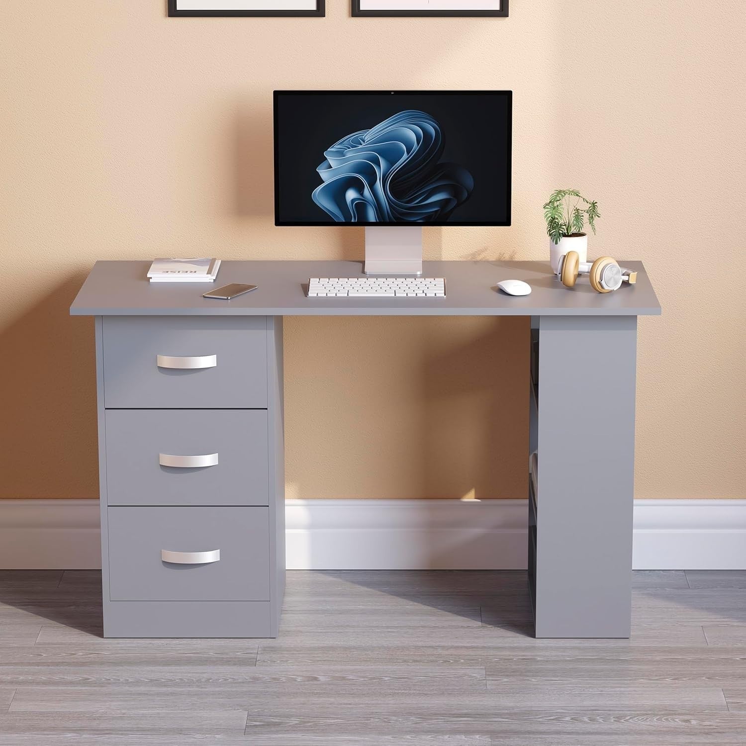 Grey Computer Desk w/Shelves & 3 Drawers 120cm Home Office Table - Kwikley