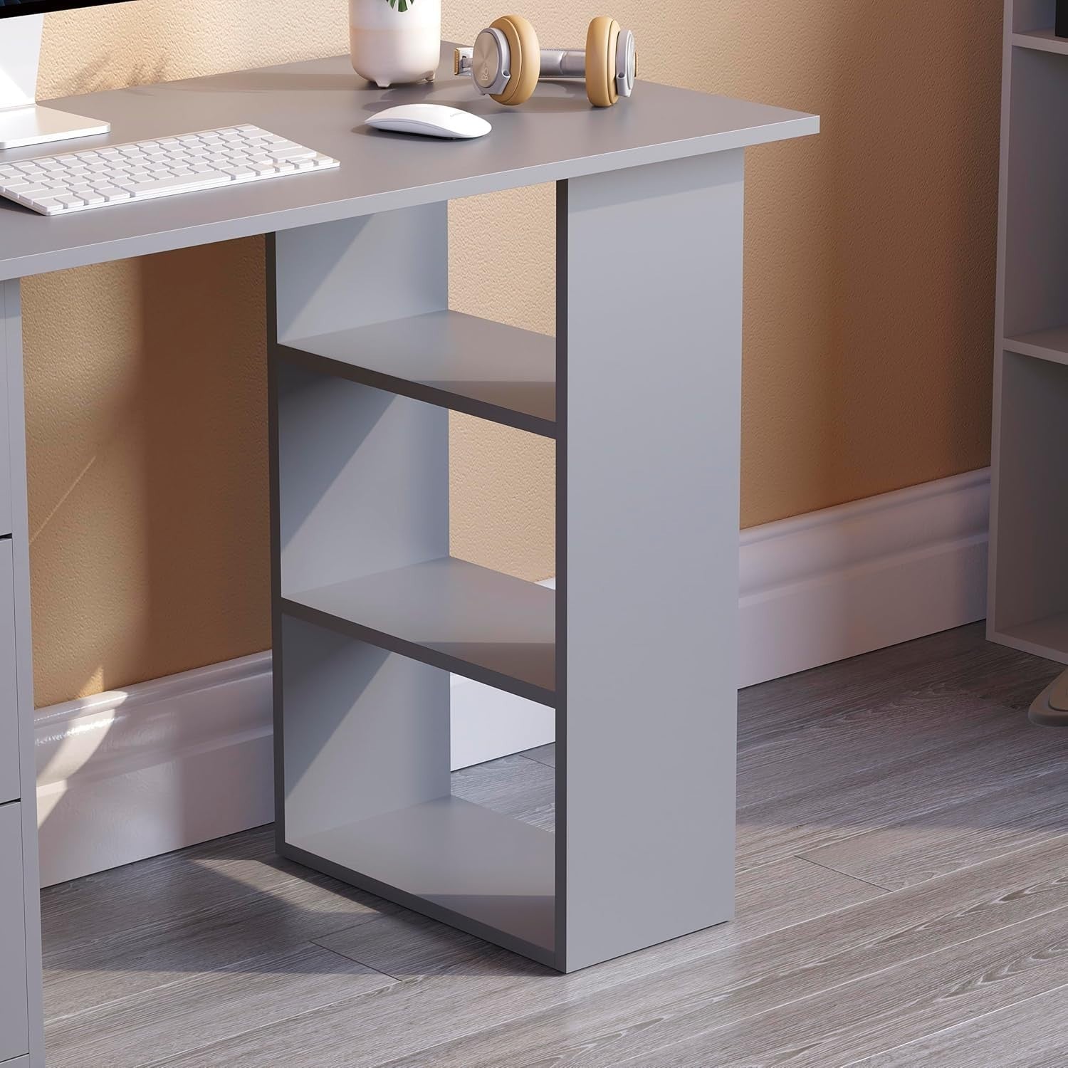 Grey Computer Desk w/Shelves & 3 Drawers 120cm Home Office Table - Kwikley