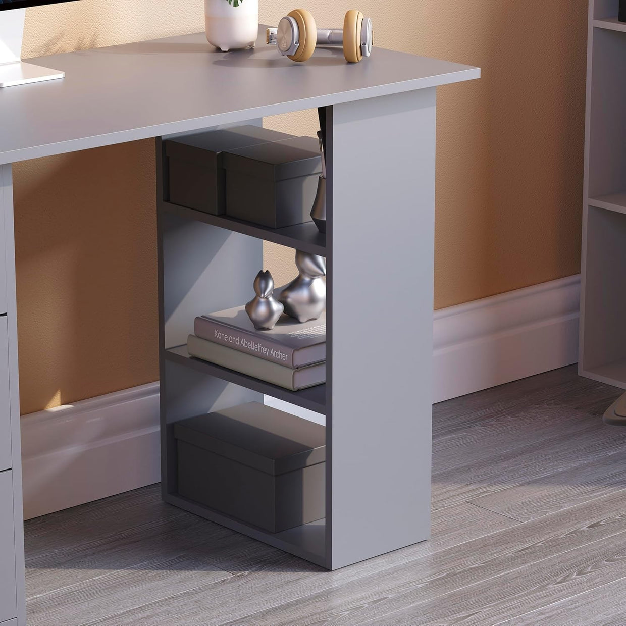 Grey Computer Desk w/Shelves & 3 Drawers 120cm Home Office Table - Kwikley