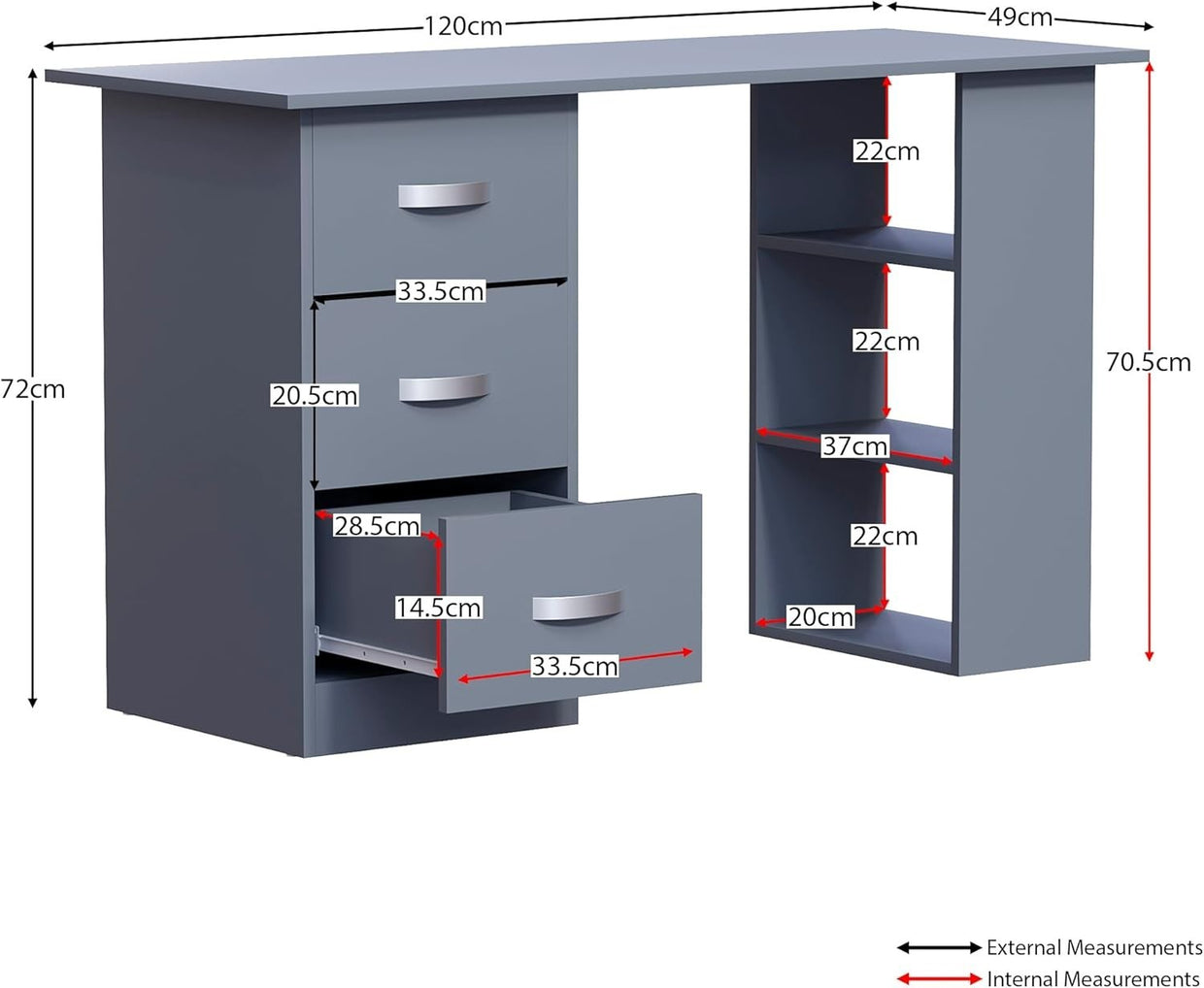 Grey Computer Desk w/Shelves & 3 Drawers 120cm Home Office Table - Kwikley