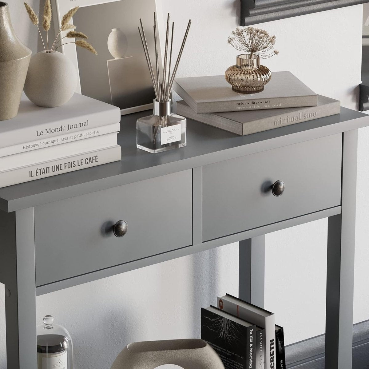 Grey Console Table with 2 Drawers & Undershelf – Stylish Storage for Hallway - Kwikley