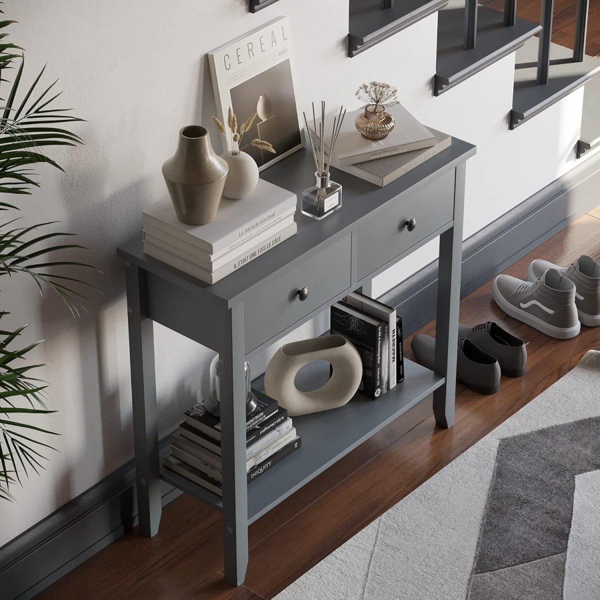 Grey Console Table with 2 Drawers & Undershelf – Stylish Storage for Hallway - Kwikley
