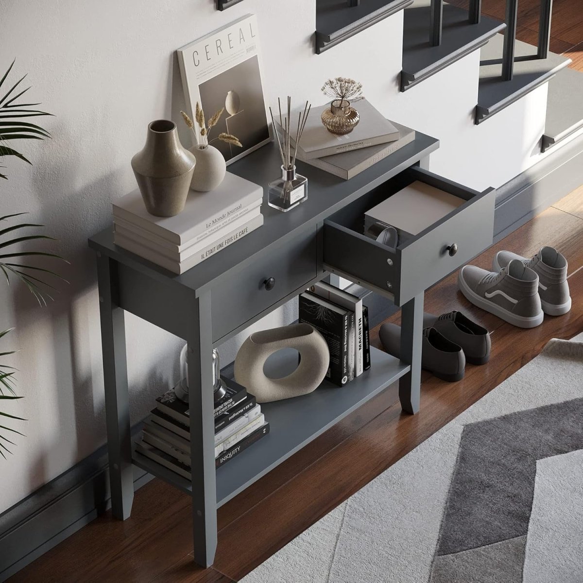 Grey Console Table with 2 Drawers & Undershelf – Stylish Storage for Hallway - Kwikley