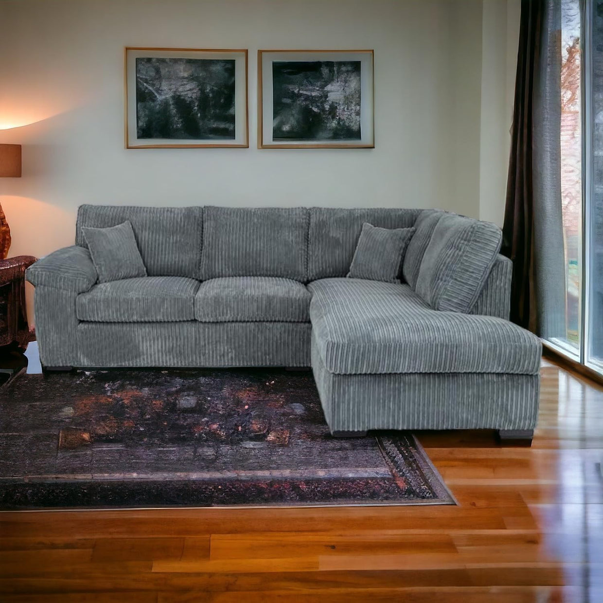 Grey Cord Corner Sofa 4 Seater Right Hand L Shape Comfy Family Couch - Kwikley