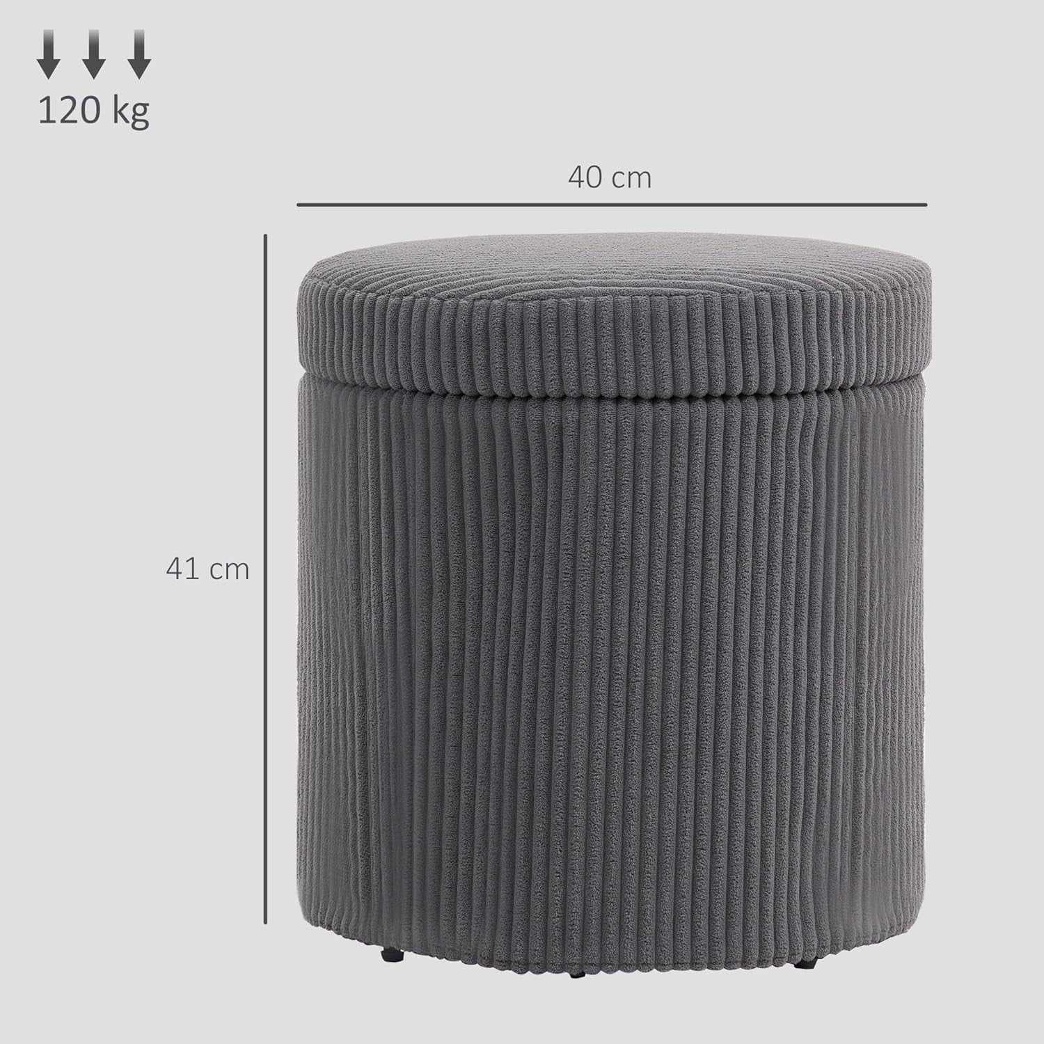 Grey Corduroy Storage Ottoman Round Footstool 40cm Padded Seat with Legs - Kwikley