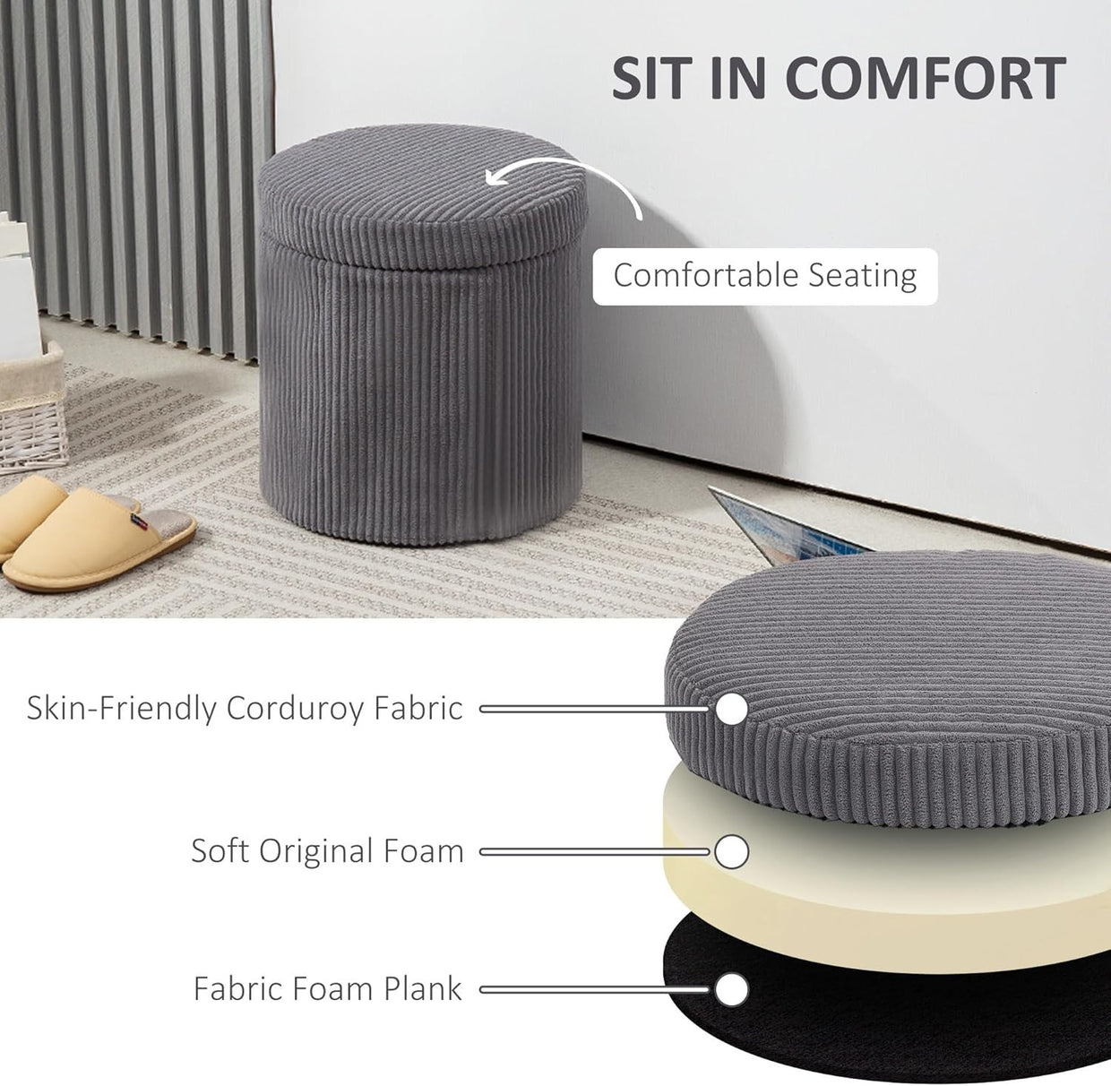 Grey Corduroy Storage Ottoman Round Footstool 40cm Padded Seat with Legs - Kwikley
