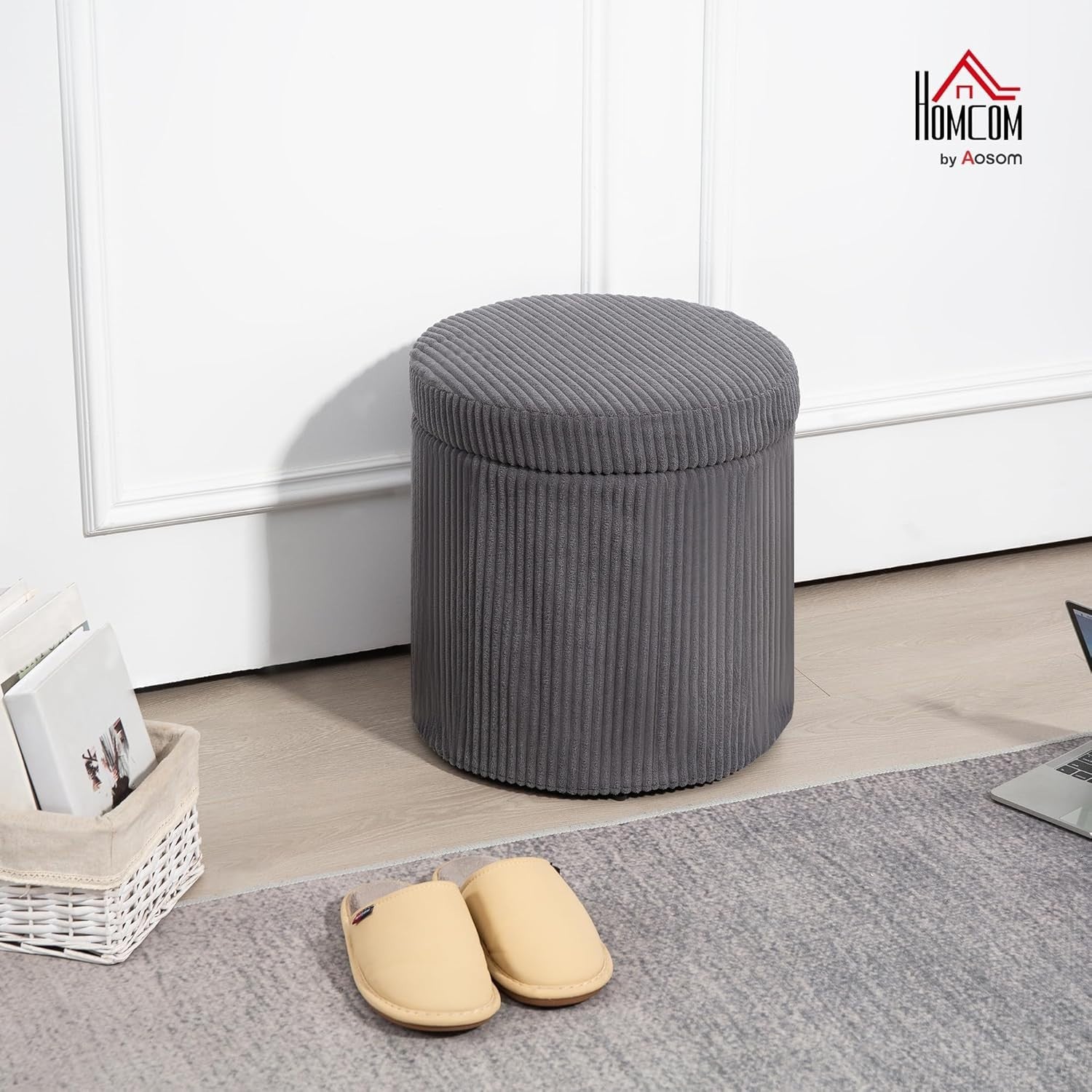 Grey Corduroy Storage Ottoman Round Footstool 40cm Padded Seat with Legs - Kwikley