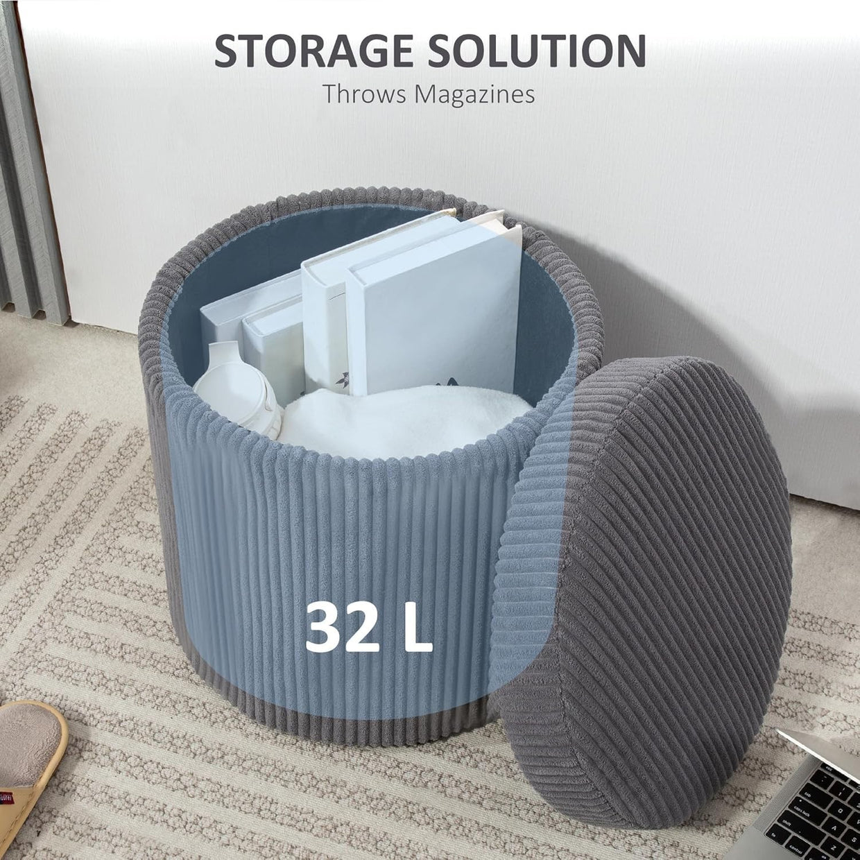 Grey Corduroy Storage Ottoman Round Footstool 40cm Padded Seat with Legs - Kwikley
