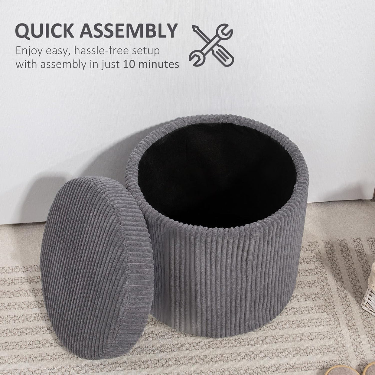 Grey Corduroy Storage Ottoman Round Footstool 40cm Padded Seat with Legs - Kwikley