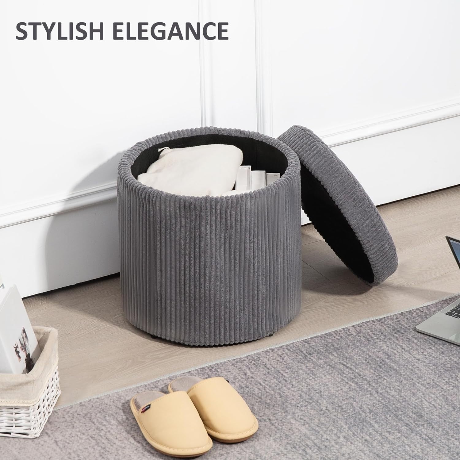 Grey Corduroy Storage Ottoman Round Footstool 40cm Padded Seat with Legs - Kwikley