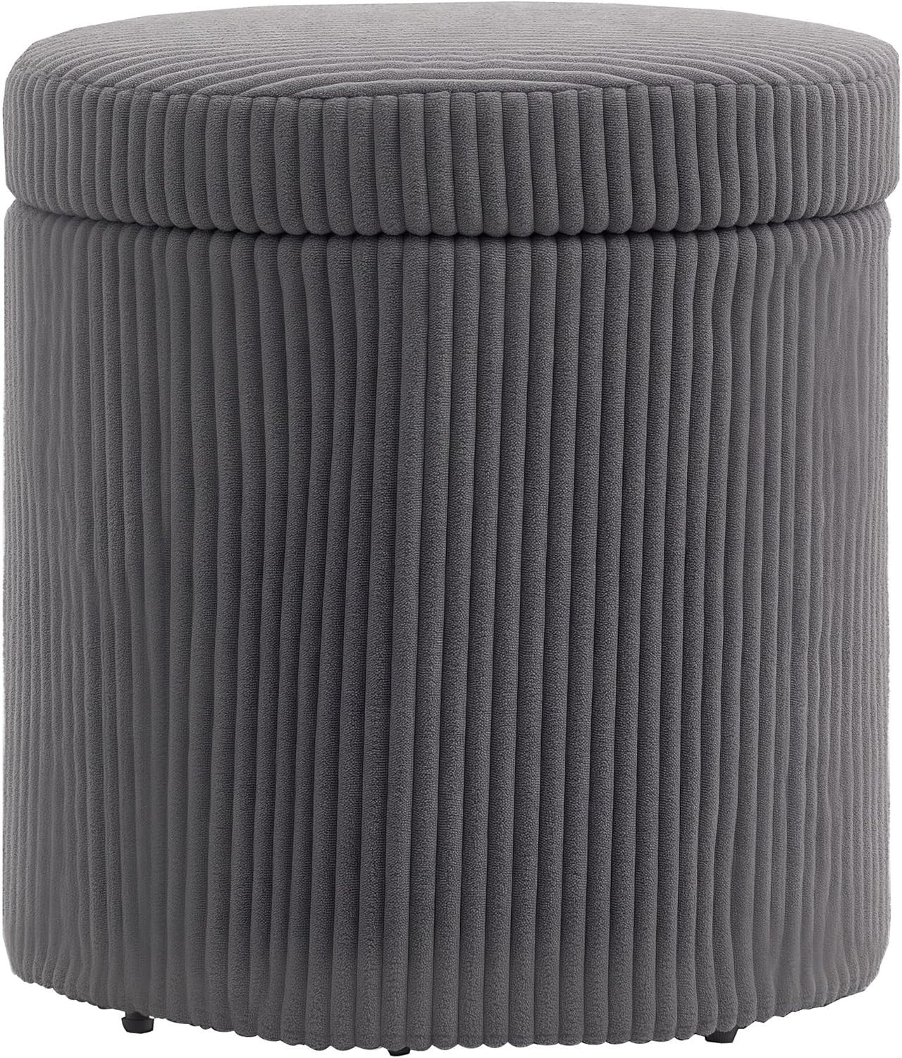 Grey Corduroy Storage Ottoman Round Footstool 40cm Padded Seat with Legs - Kwikley
