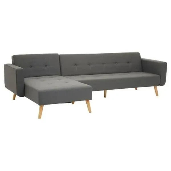 Grey Corner Sofa Bed Linen Upholstery w/ Wood Legs Modern L - Shape - Kwikley
