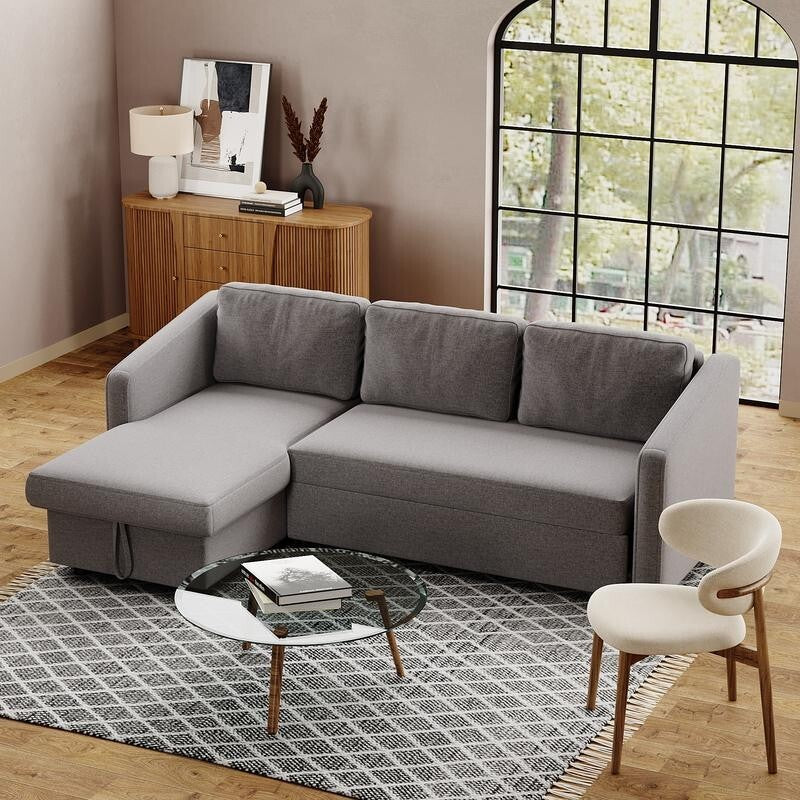 Grey Corner Sofa Bed with Storage 3 Seater Pull Out Sleeper Couch for Flats - Kwikley