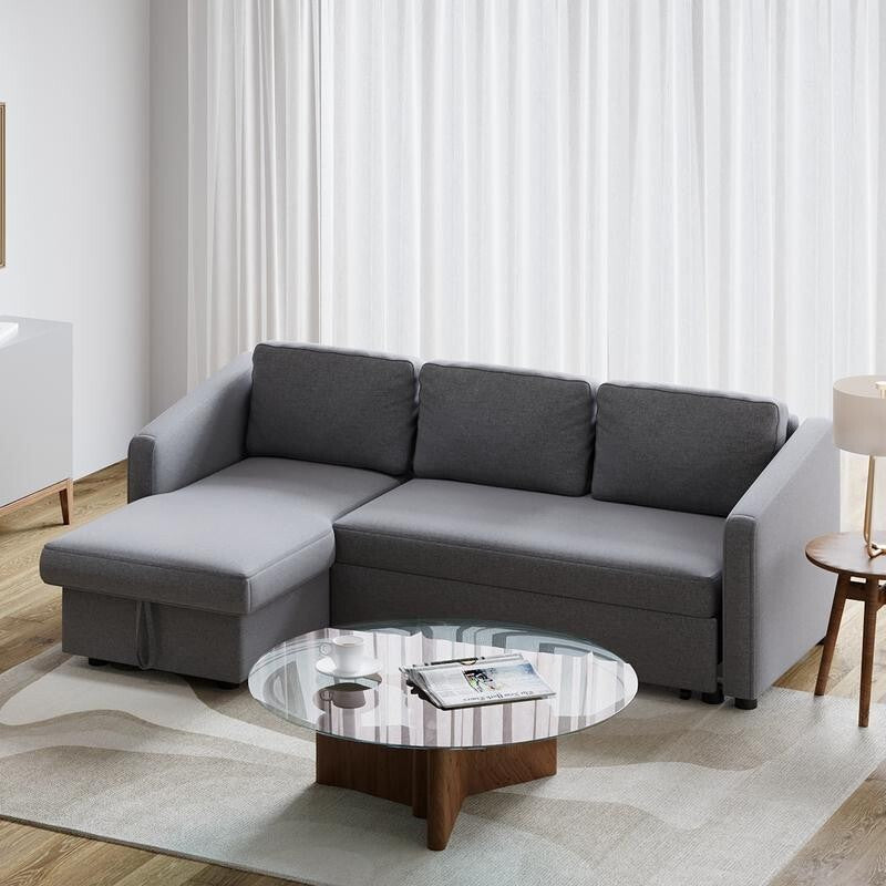 Grey Corner Sofa Bed with Storage 3 Seater Pull Out Sleeper Couch for Flats - Kwikley