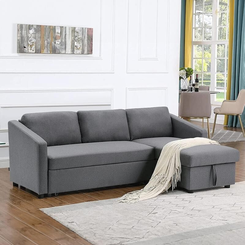 Grey Corner Sofa Bed with Storage 3 Seater Pull Out Sleeper Couch for Flats - Kwikley